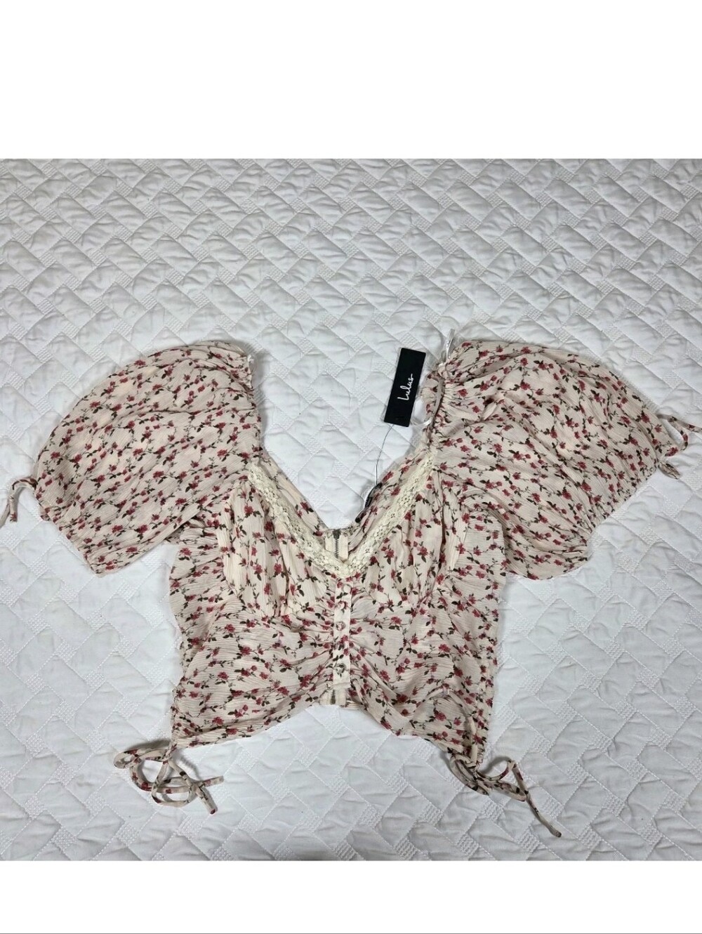 Lulus Pretty Pick Beige Floral Print Ruched Drawstring Crop Top Women’s Size L